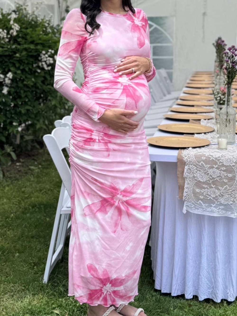 SHEIN Pink Tie-Dye Long Sleeve Maternity Dress
